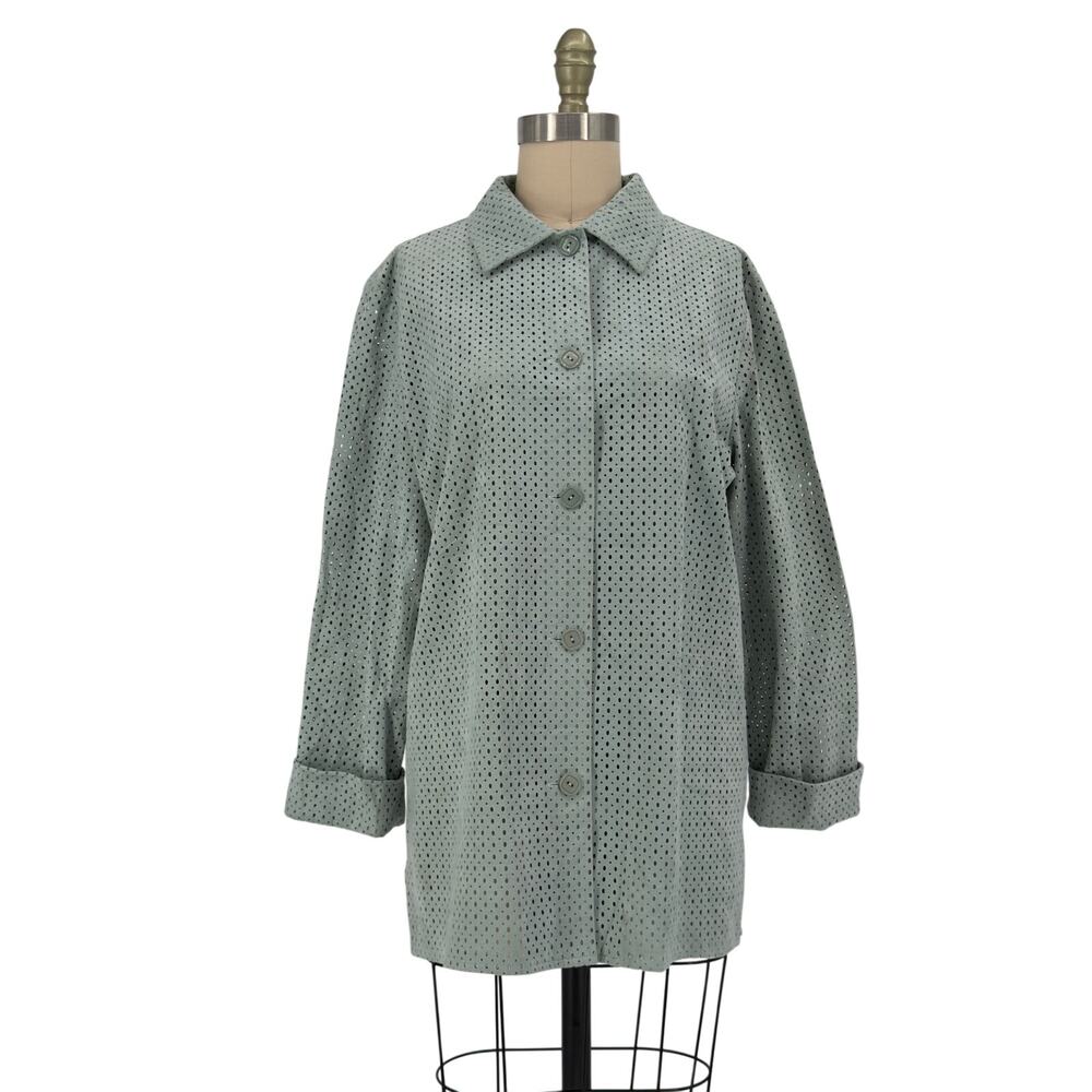 Vintage Harlan Ultrasuede Perforated Button Down Shirt Shacket sz 12 Large Sage